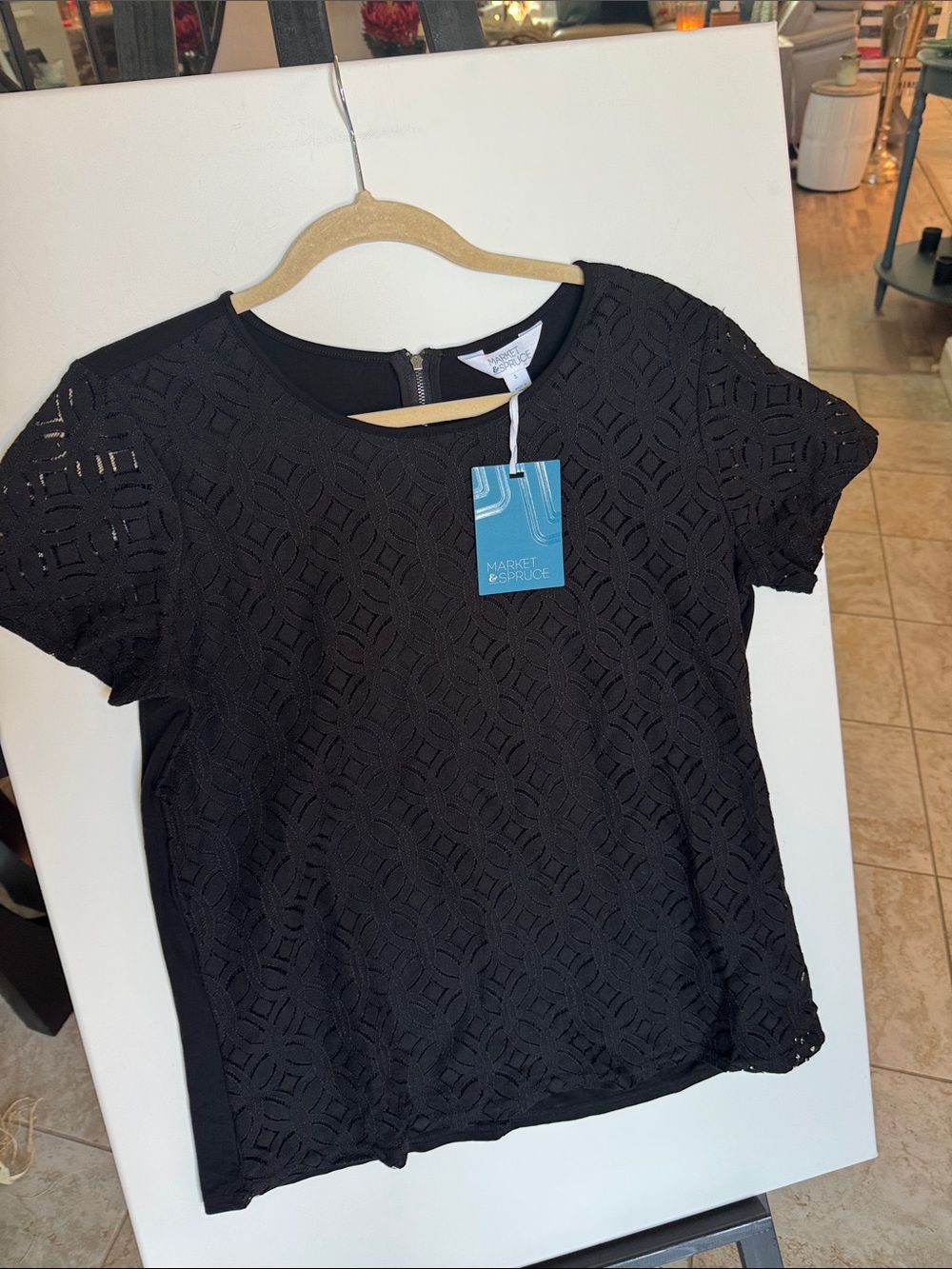 Market & Spruce Black Lace Short Sleeve Blouse NWT